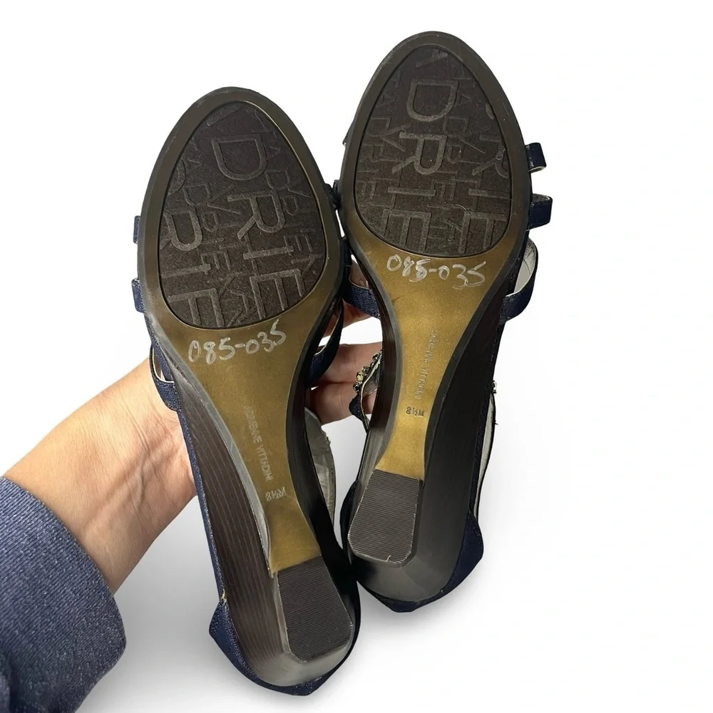 Adrienne Vittadini Navy Blue Linen Jeweled Kitten Wedge Sandals Size 8